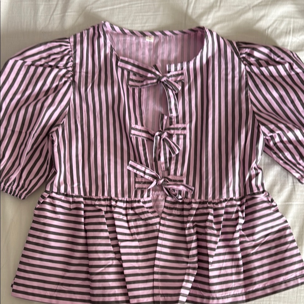Pink Striped Tie Front Top
